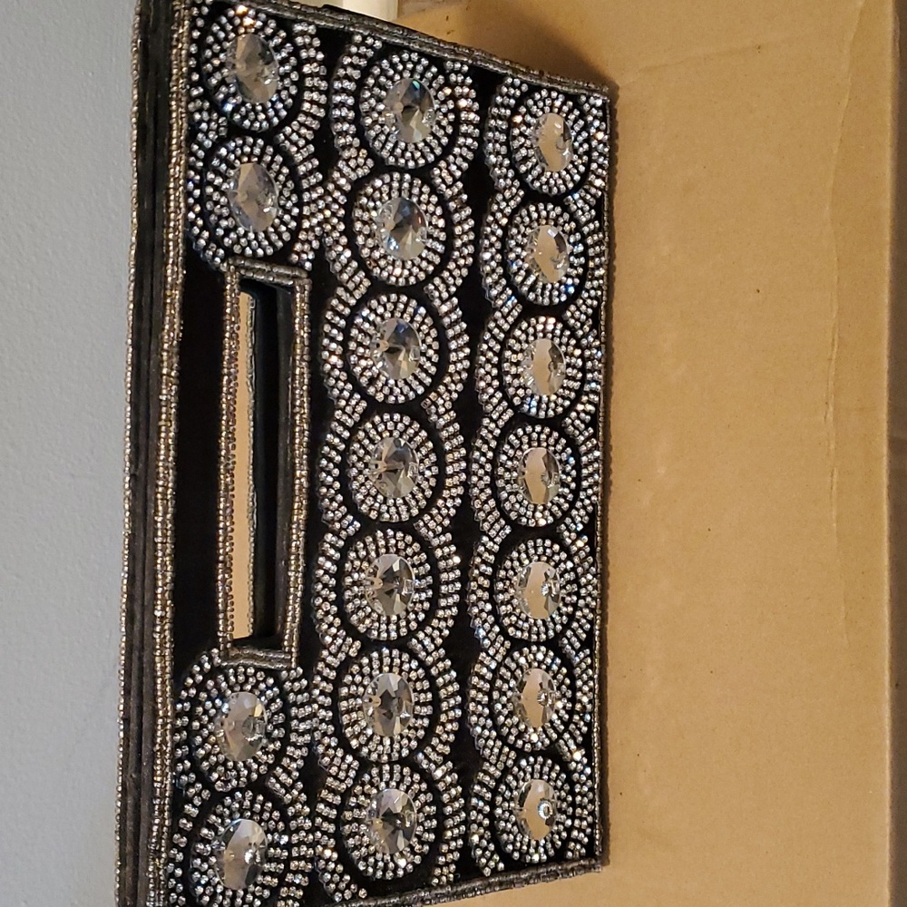 Stylish Black Clutch With Clear Rhinestones!